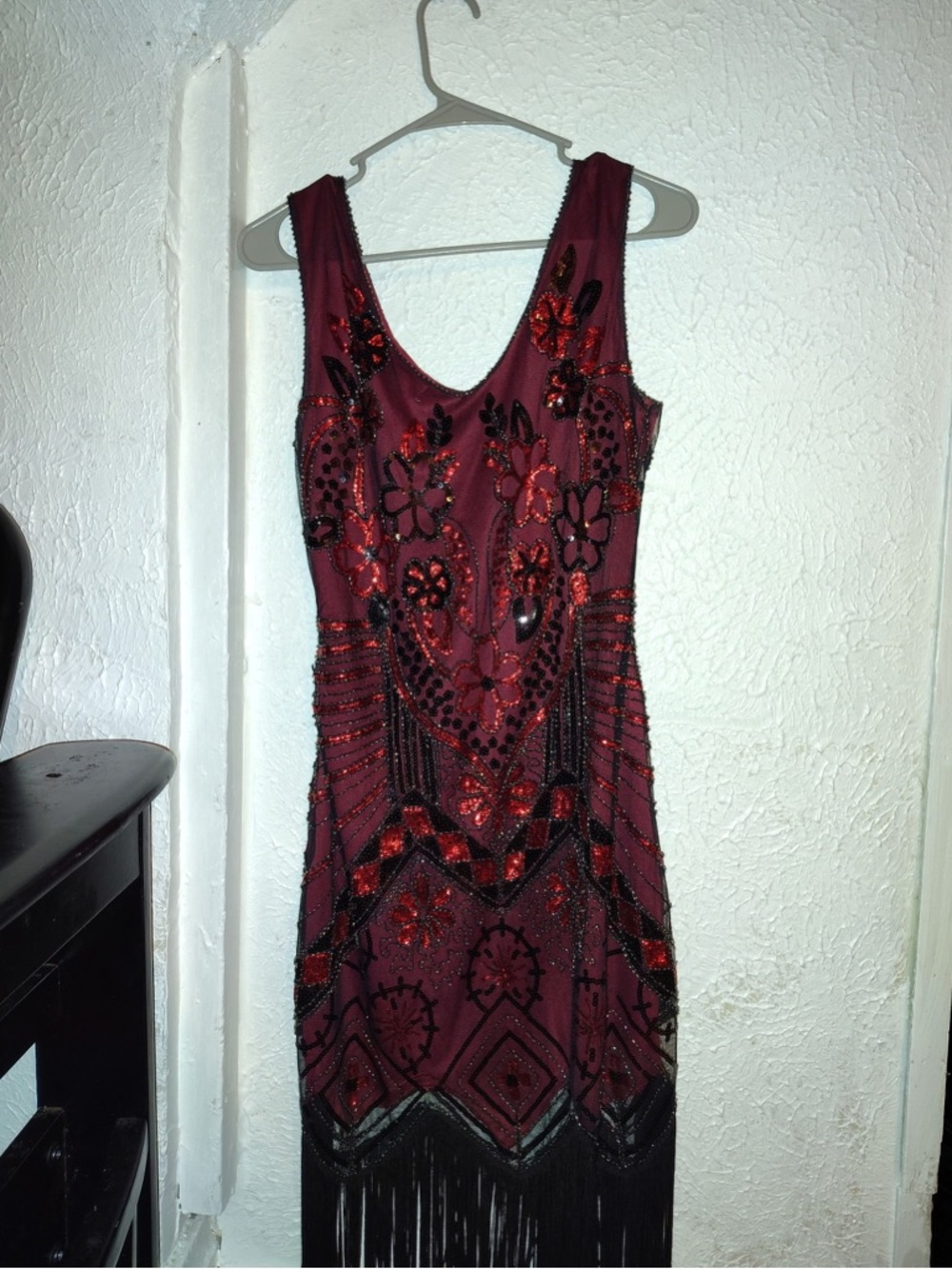 Unique Vintage Burgundy and Black Beaded Fringe Midi Dress